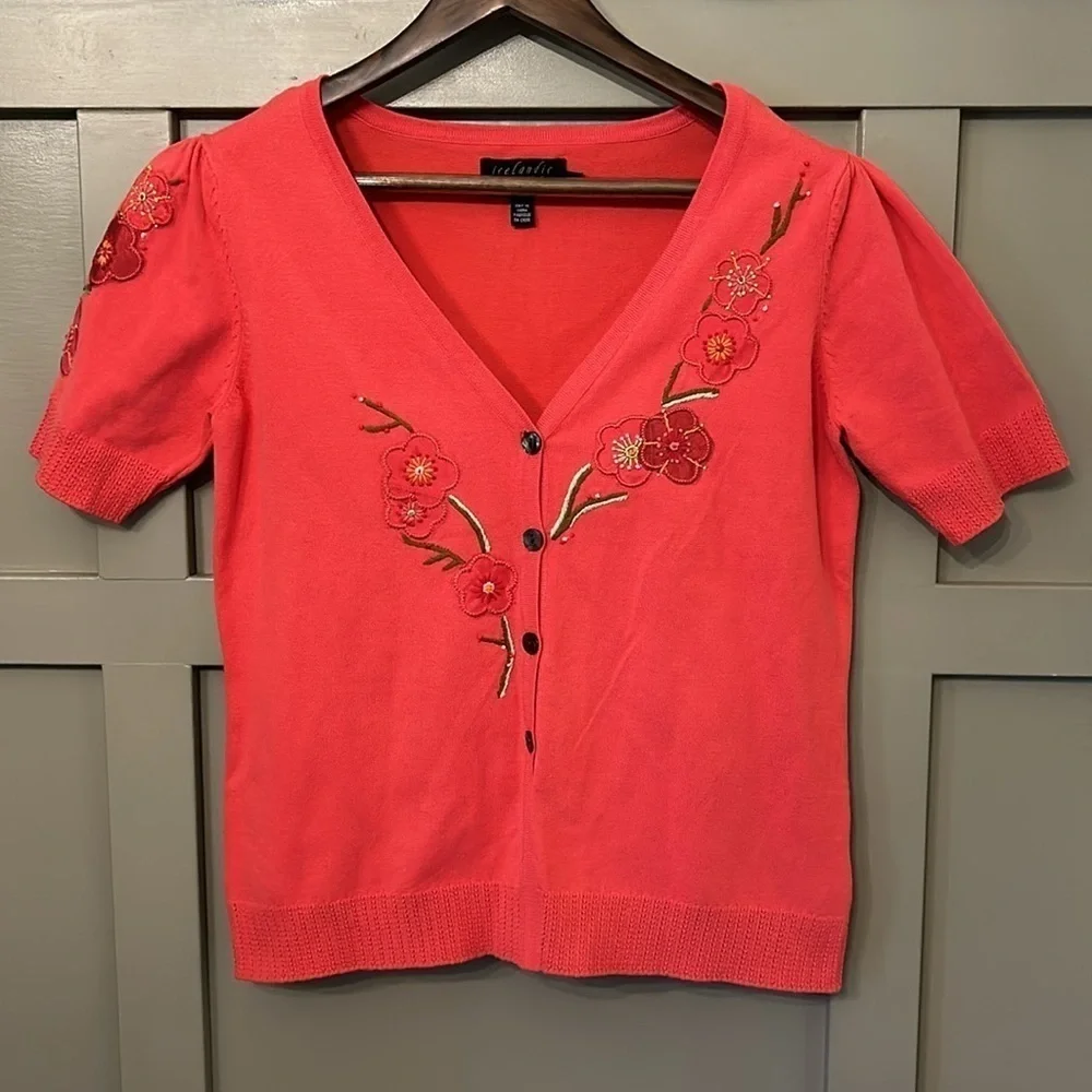 Icelandic Design Embroidered Knit Button Front Cardigan Sweater Short Sleeve Med